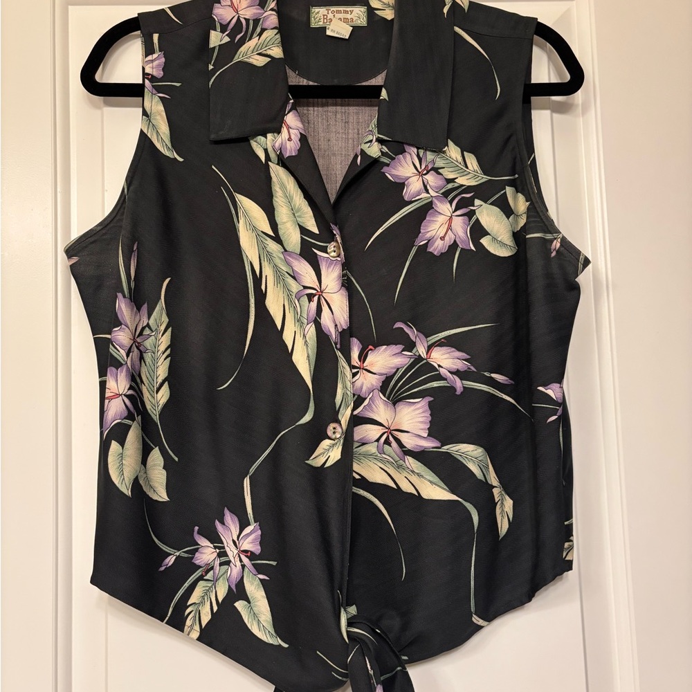 Tommy Bahama Pink and Purple Sleeveless Tie-Front Blouse